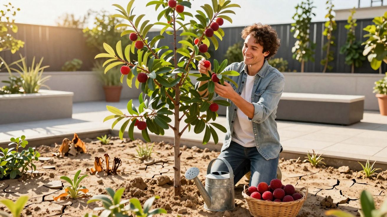Young man harvesting ripe red fruits from a small tree in a sunny rooftop garden.