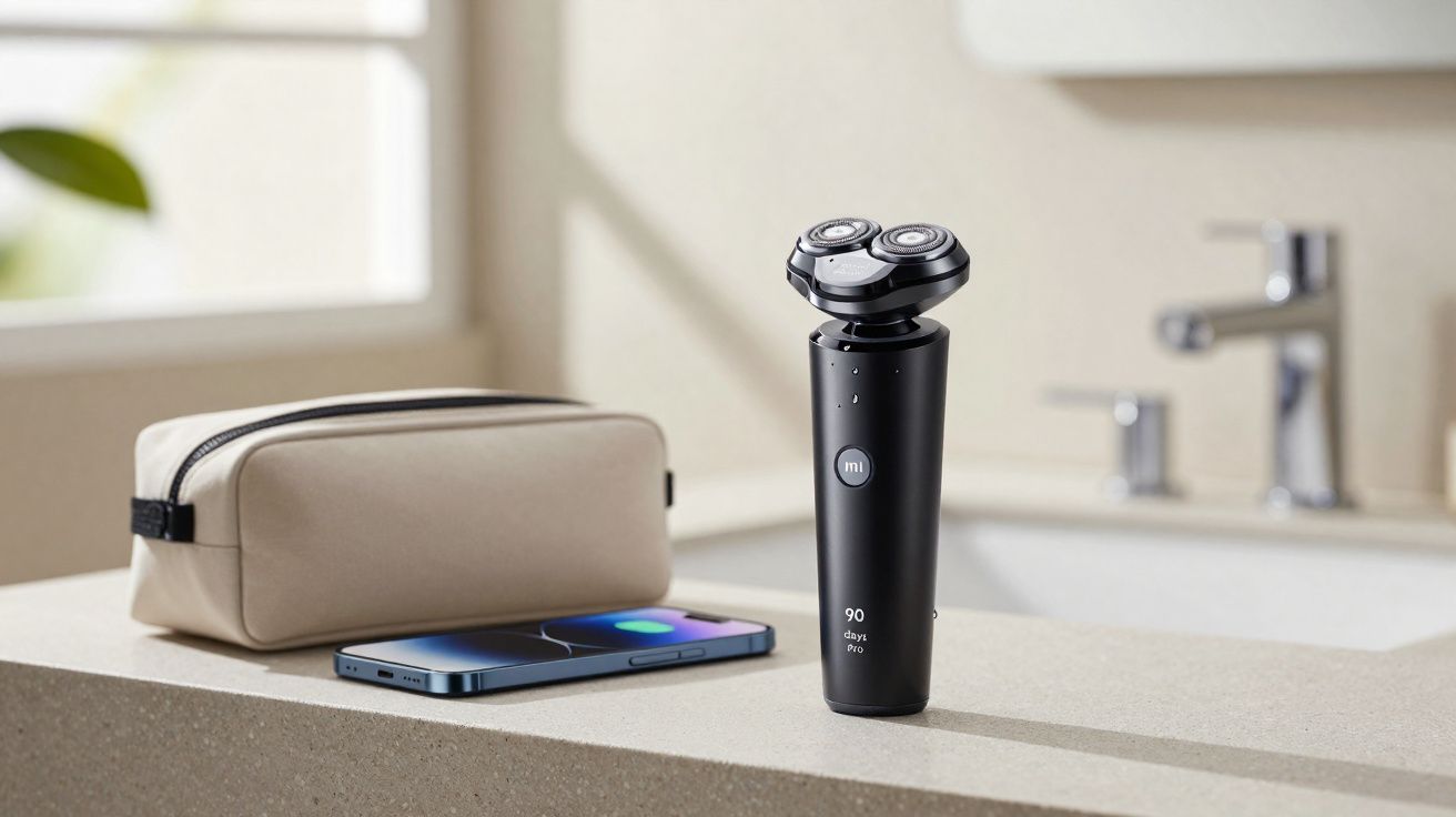 Electric black rotary shaver with three heads, a smartphone, and beige toiletry bag on a bathroom countertop.