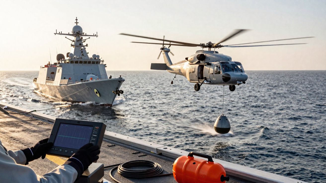 Military helicopter airlifting a payload above the sea alongside a naval ship during a maritime operation.