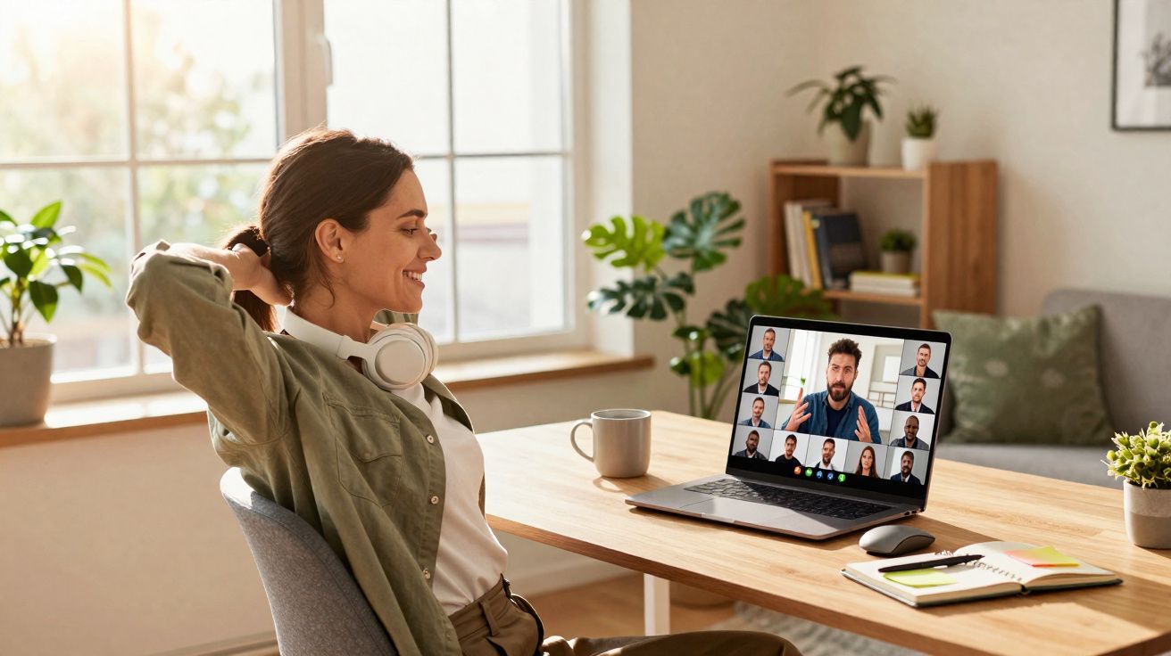 A woman with headphones around her neck smiles while attending a video conference on a laptop at a bright desk.