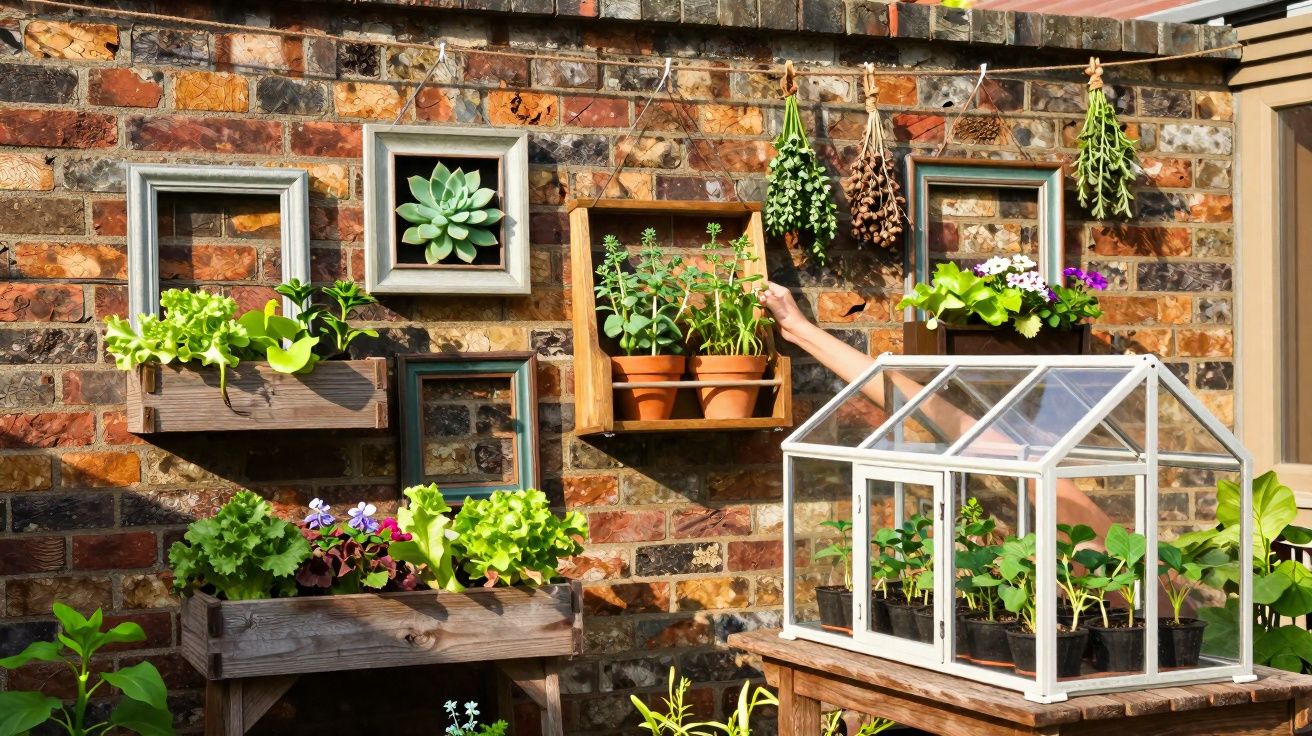 Wall-mounted plant shelves and a small greenhouse with various plants against a sunlit brick wall.