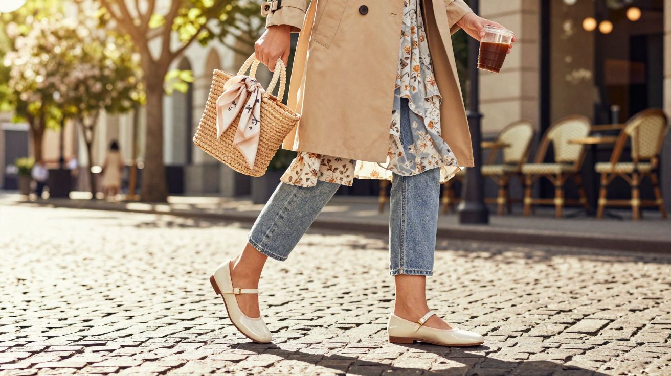 Woman walking on cobblestone street wearing trench coat, jeans, cream shoes, holding wicker bag and iced coffee.
