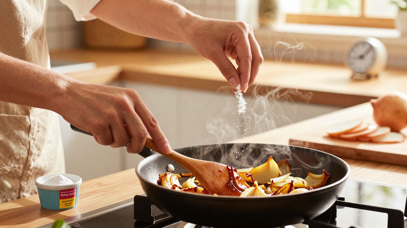 Person sprinkling salt over sizzling sliced onions in a frying pan on a stove in a kitchen.
