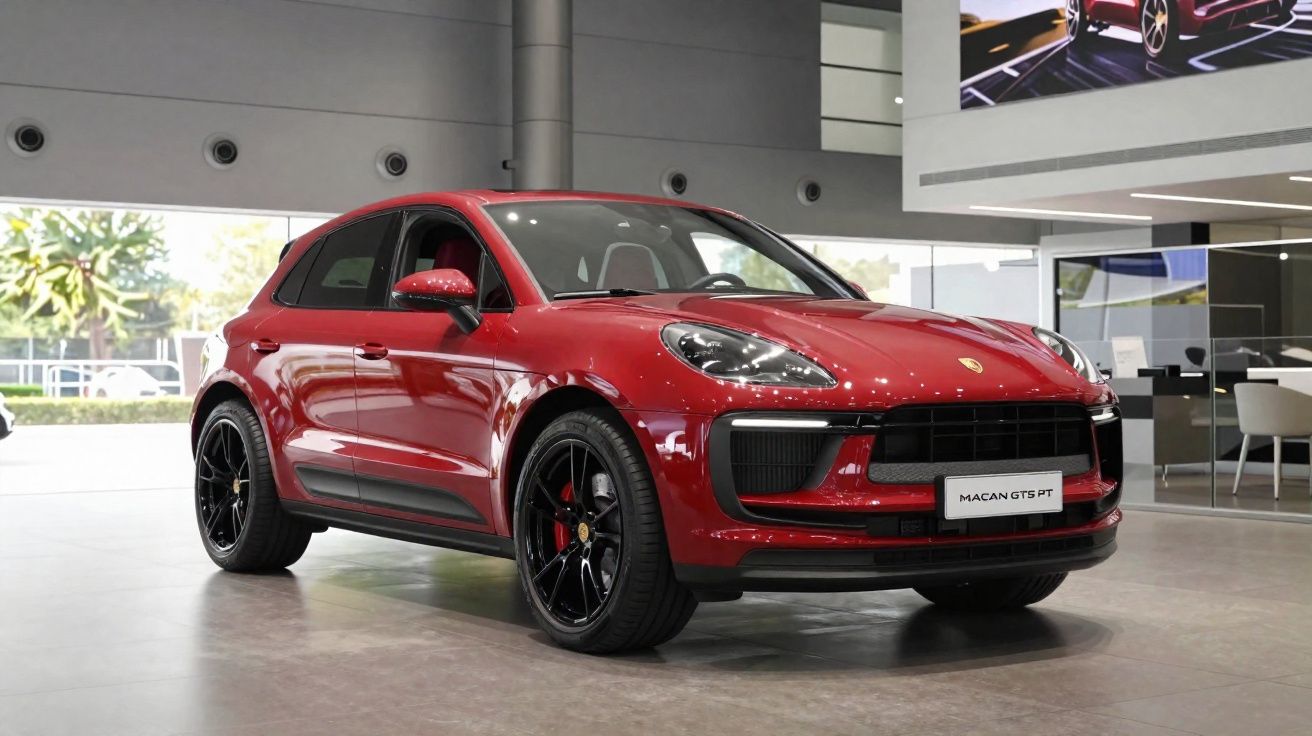 Red Porsche Macan GTS SUV displayed in a modern showroom with black alloy wheels and sleek design.