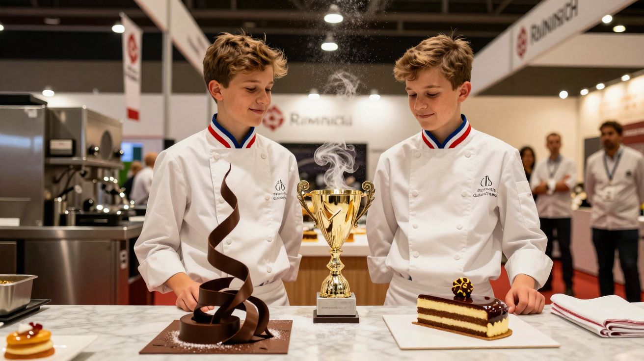 Two young chefs in white uniforms admire chocolate desserts and a steaming gold trophy on a kitchen counter.