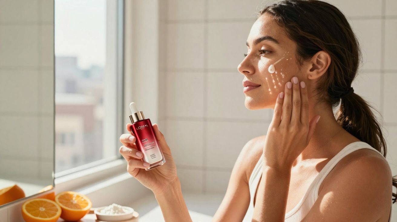 Woman applying facial serum near window with orange slices and cream on countertop