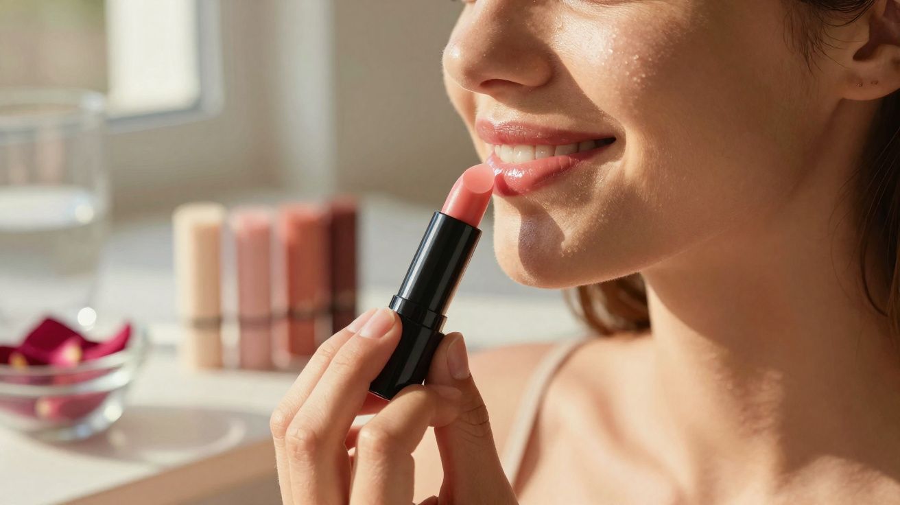 Woman smiling while applying pink lipstick near a window with makeup products in the background.