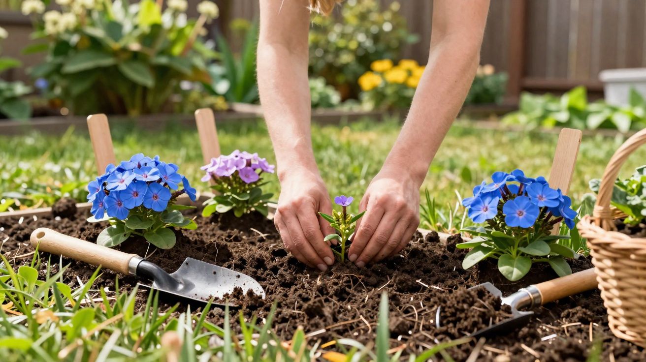Hands planting a small purple flower seedling in a garden bed surrounded by other colourful flowers and gardening tools.