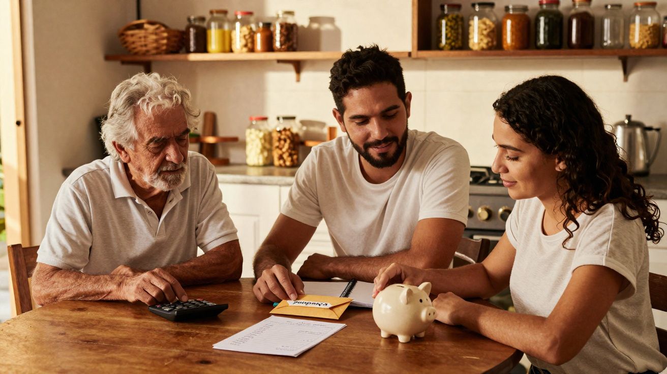 Three people sitting at a kitchen table with a piggy bank, envelope, calculator, and documents discussing finances.