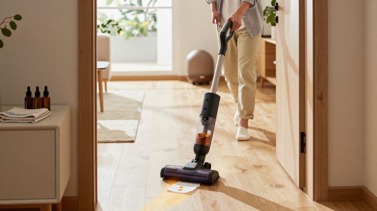 Person vacuuming a spill on a wooden floor using a cordless vacuum cleaner in a bright, modern home.