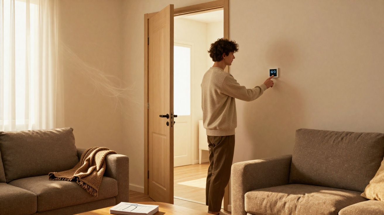 Person adjusting smart thermostat on wall in a cosy living room with sofas and natural light.