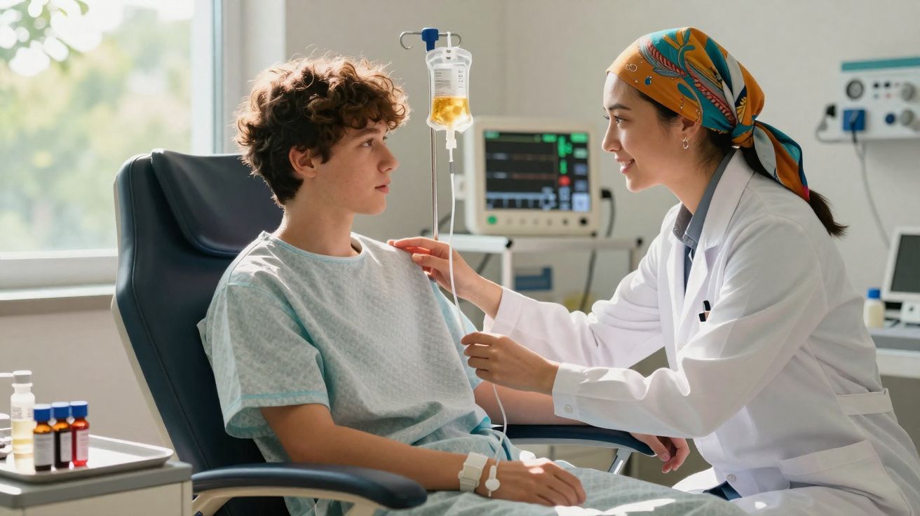 Doctor adjusting IV drip while talking to adolescent patient in hospital room with medical equipment.