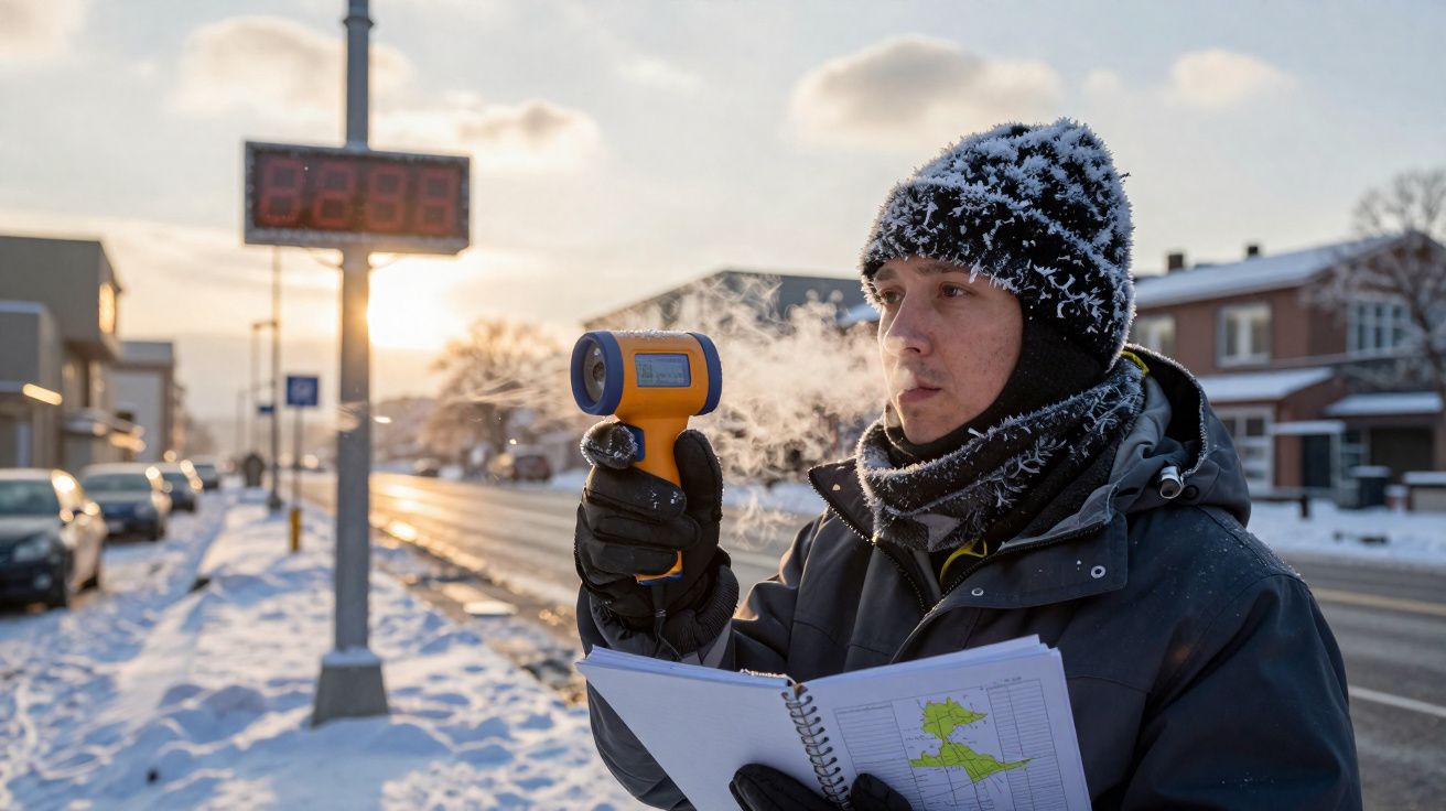 Person in winter clothing holding a thermometer device and a notebook with a snowy street background.