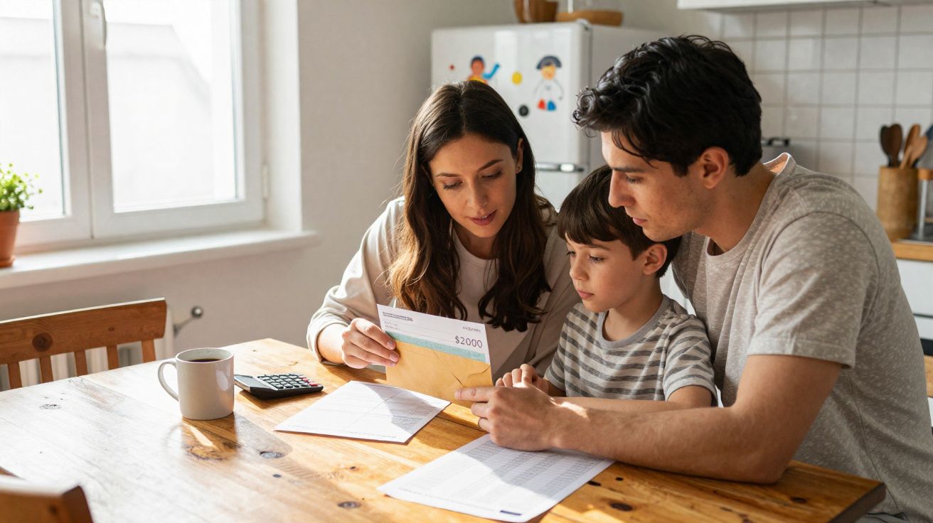 Family of three reviewing finances together at a wooden kitchen table with documents and a calculator.