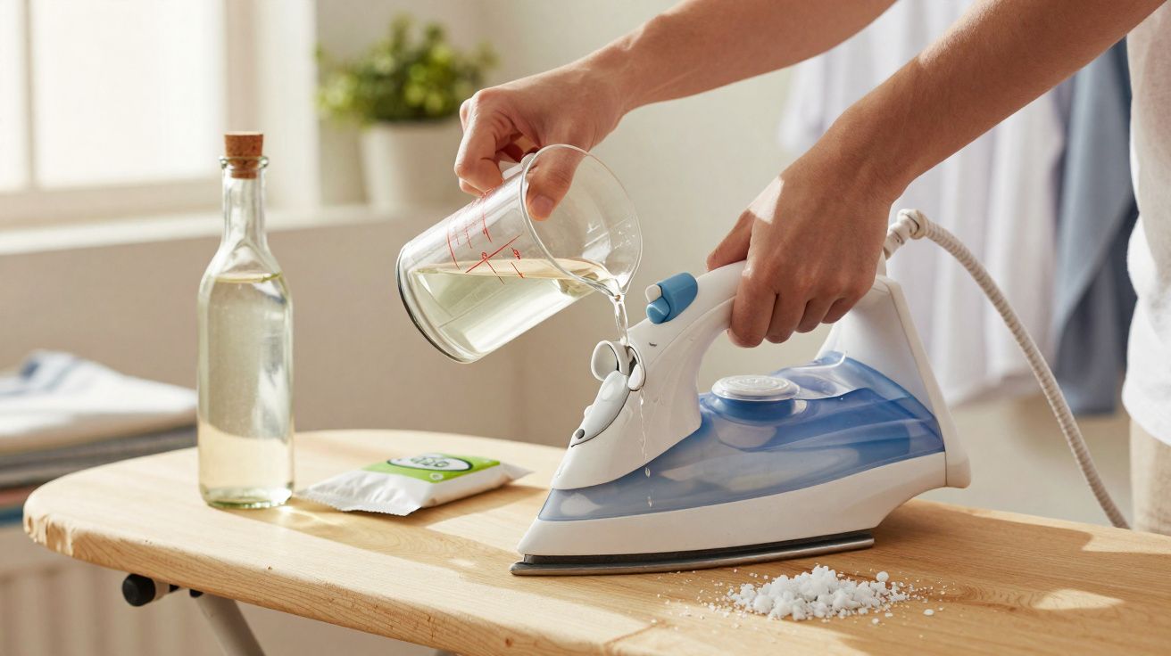 Person pouring water from a measuring cup into the water tank of a steam iron on an ironing board.