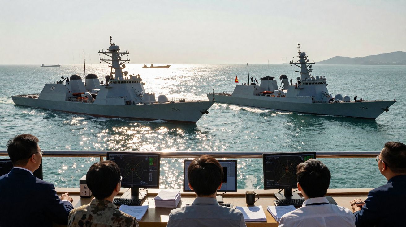 Five people observing two naval ships sailing on a sparkling sea under a clear sky.