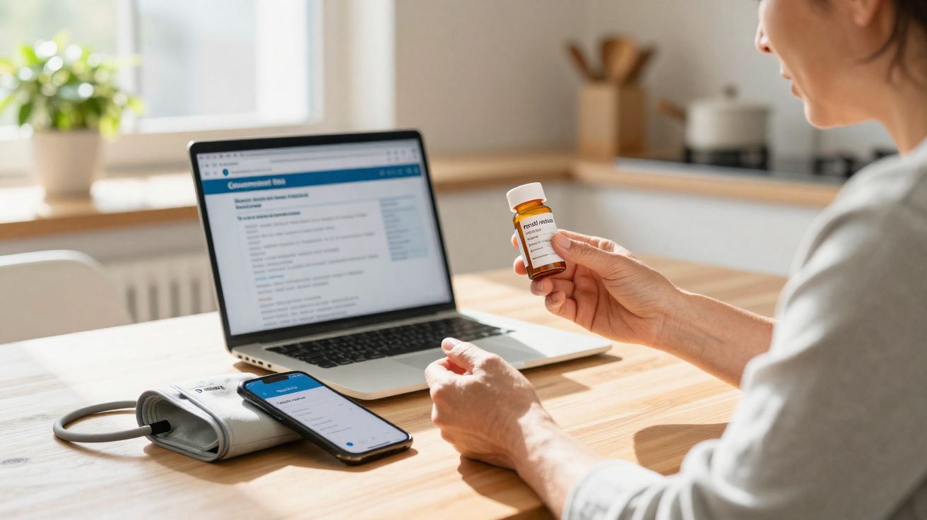 Person holding a prescription bottle while researching medication information on a laptop at a wooden table.