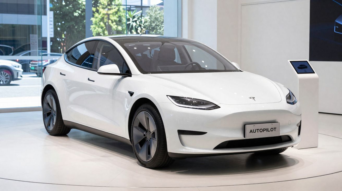 White Tesla electric car displayed indoors with Autopilot sign on licence plate.