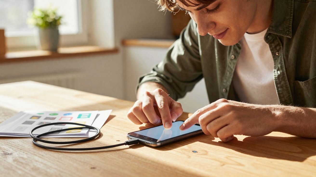 Young person using smartphone on wooden table with charging cable and papers nearby in bright room.