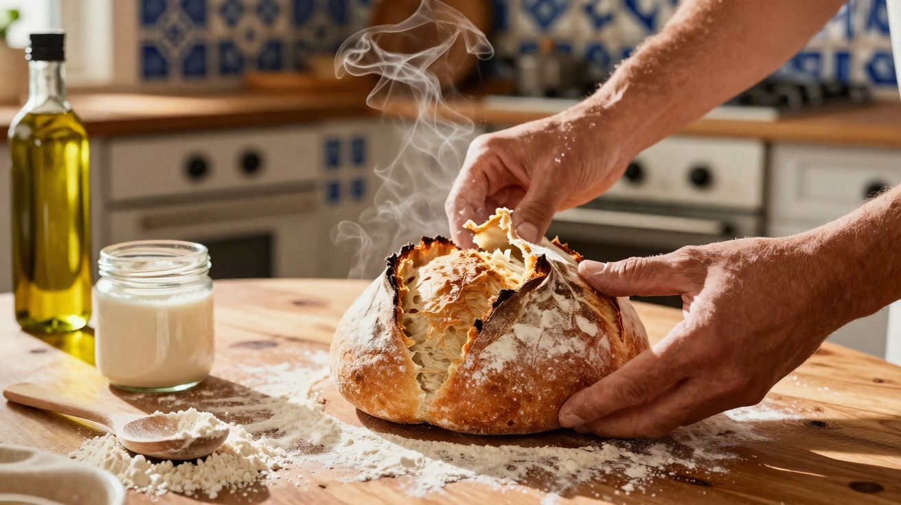 Hands tearing into a freshly baked steaming round loaf of crusty bread on a wooden kitchen table.