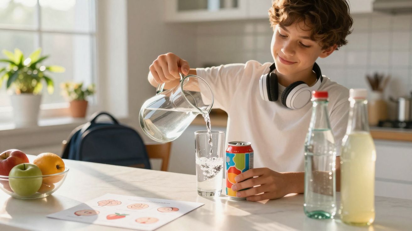 Boy with headphones pouring water from a jug into a glass in a bright kitchen with fruit and bottles on the table.