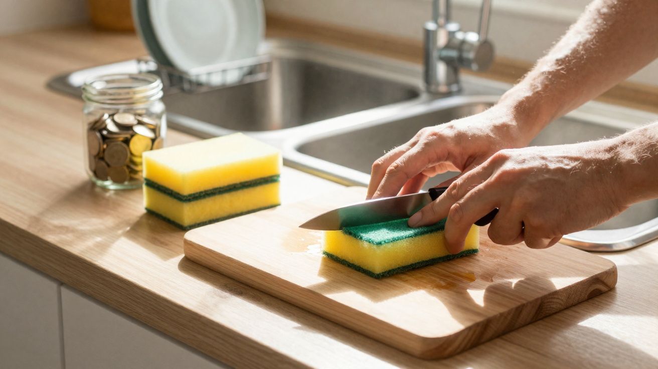 Hands cutting a yellow and green kitchen sponge on a wooden chopping board by a sink with a jar of coins nearby