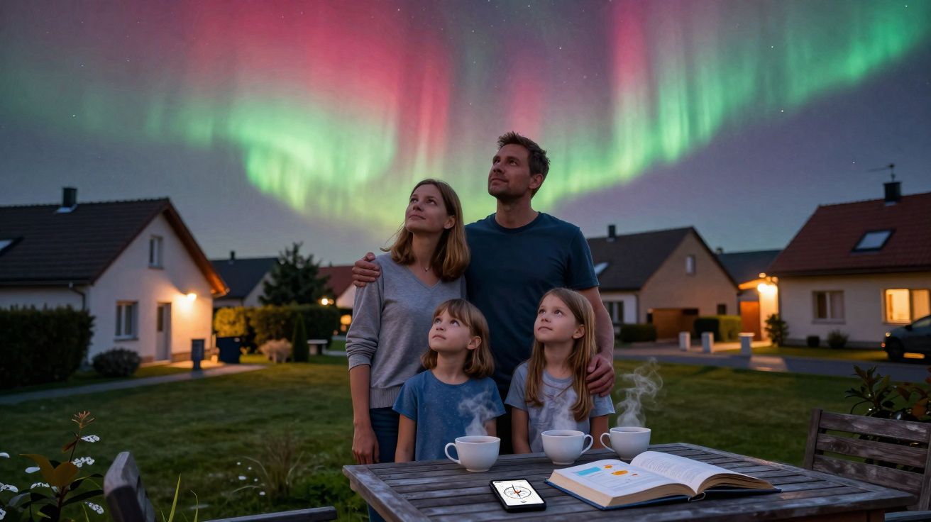 Family of four watching the Northern Lights above suburban houses at dusk in a garden setting.
