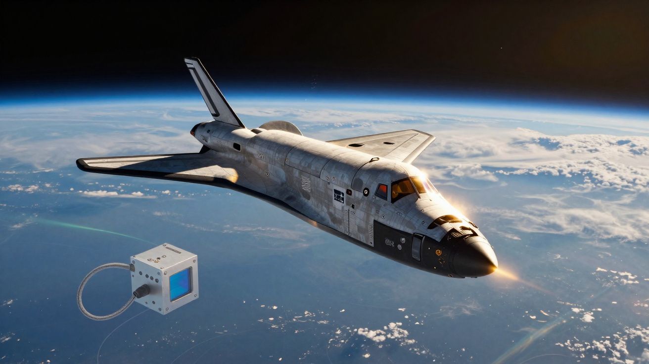 Space shuttle orbiting Earth with a small satellite or space probe nearby against a backdrop of stars.