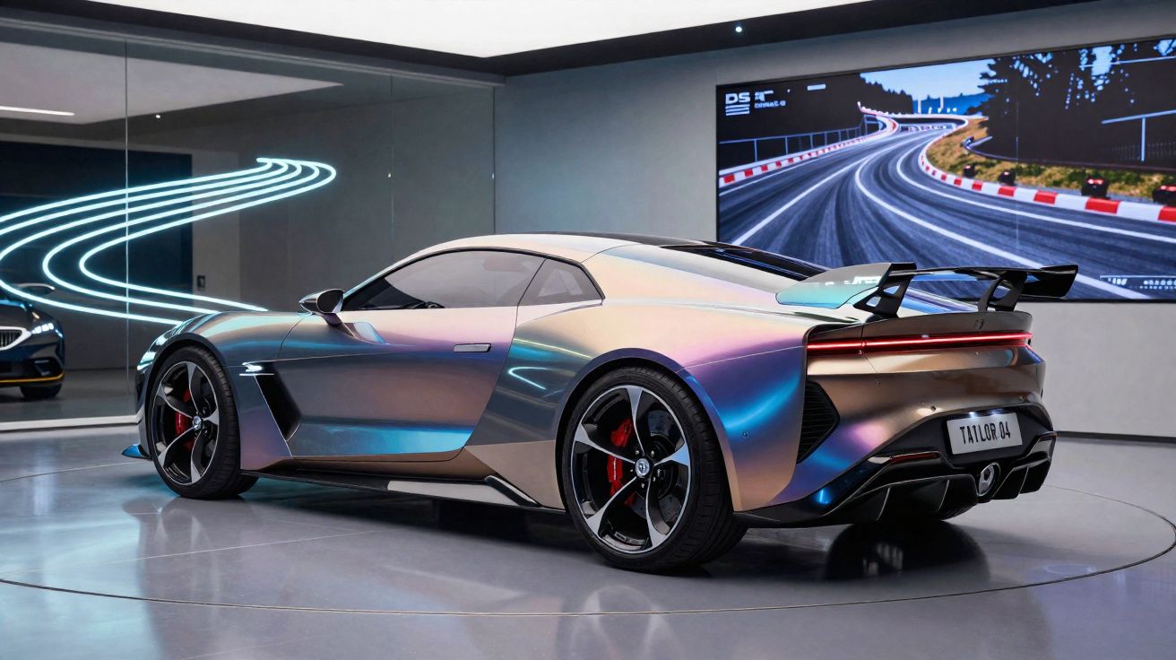 Sleek metallic sports car with aerodynamic design displayed in a modern showroom with racing visuals.