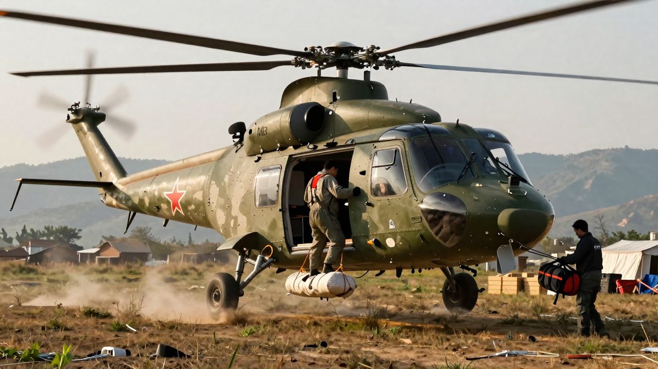 Military helicopter on the ground with soldiers loading supplies in a dusty, rural area with hills in the background.