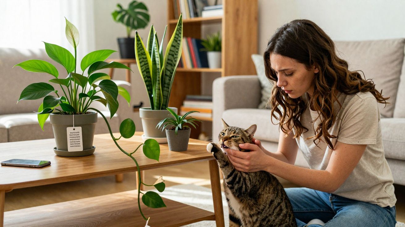 Woman kneeling while petting a tabby cat in a bright living room with houseplants on a wooden table.