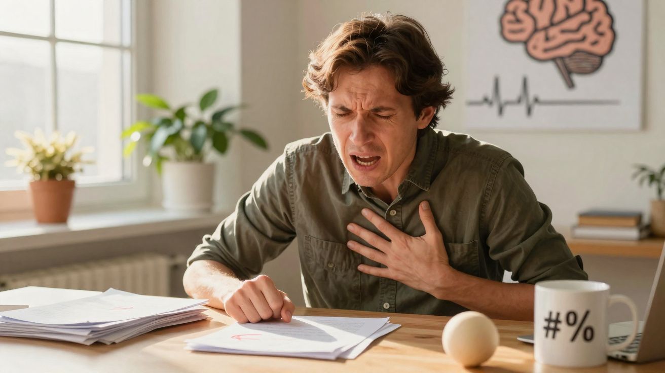 Man clutching his chest in pain while sitting at a desk with papers and a mug.