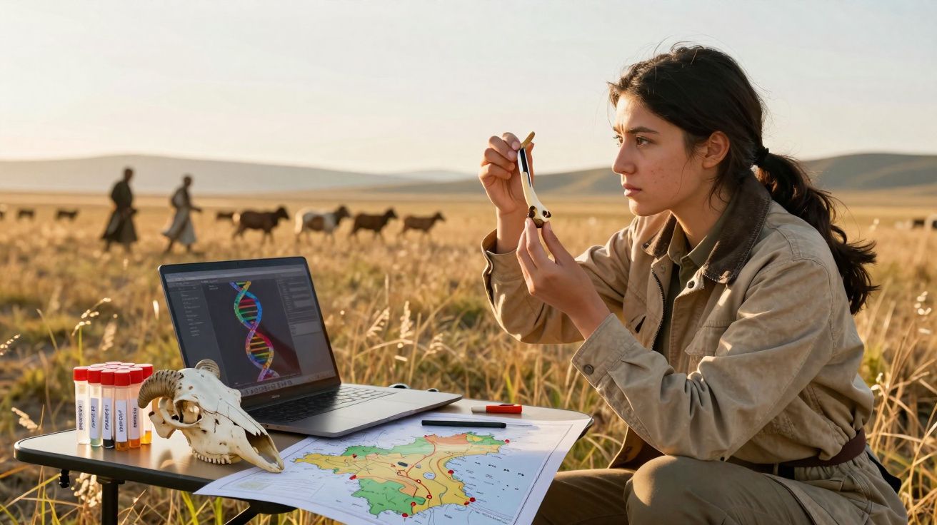 Young female scientist examining a bone in a field with a laptop, skull, map, and test tubes on a table.