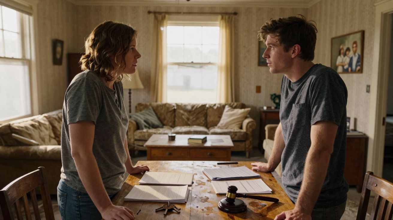 Two people face each other across a wooden table with paperwork and a gavel in a cosy living room.