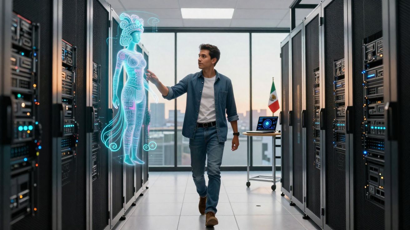 Man in server room reaching towards holographic figure of Aztec-style woman beside server racks
