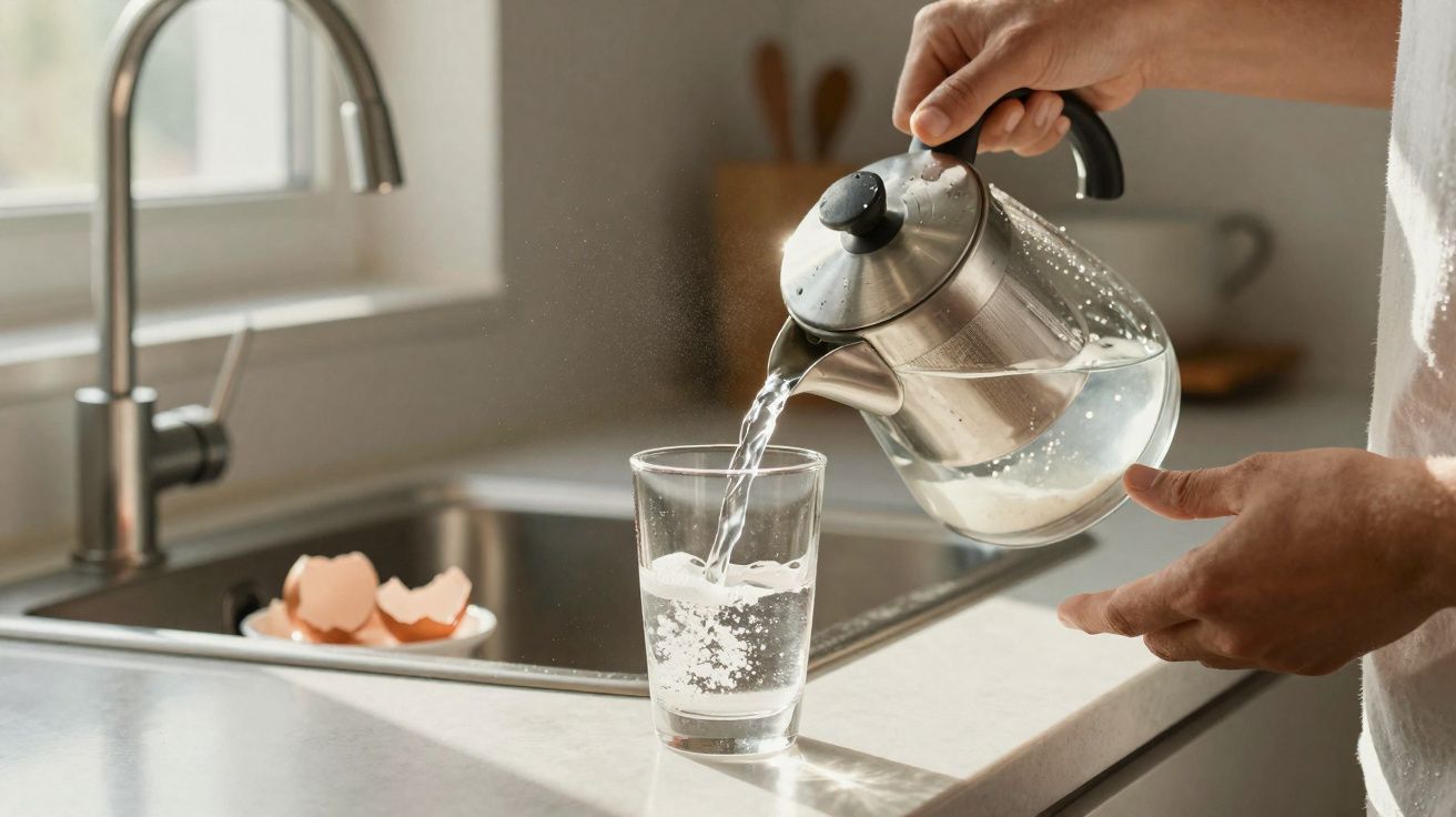 Hands pouring water from a glass kettle into a glass on a kitchen counter near a sink with a window.