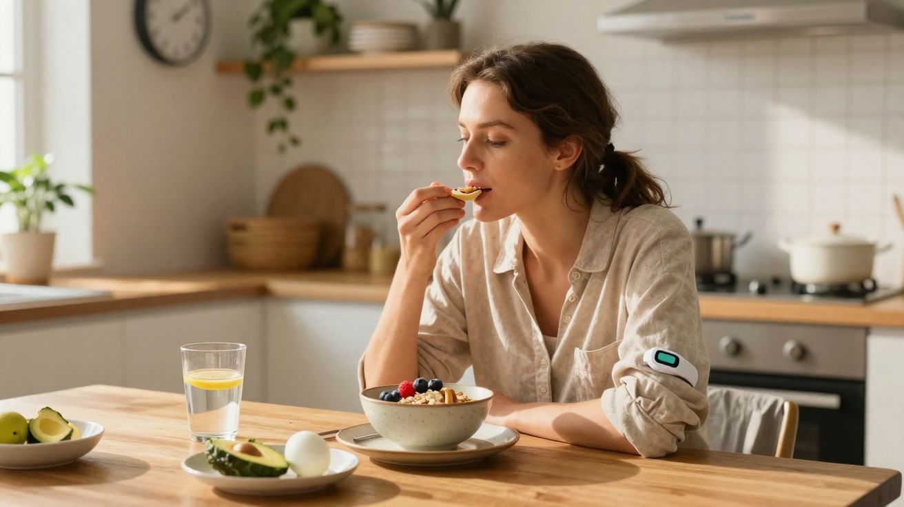 Woman sitting at kitchen table eating cereal with fruit and a glass of lemon water nearby in a bright kitchen.