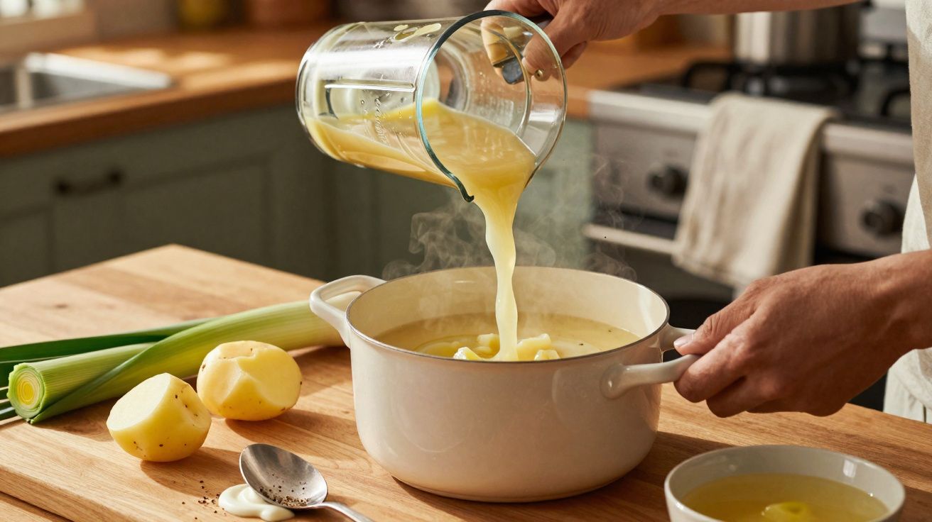 Hands pouring broth into a pot with sliced potatoes on a wooden kitchen counter with leeks nearby