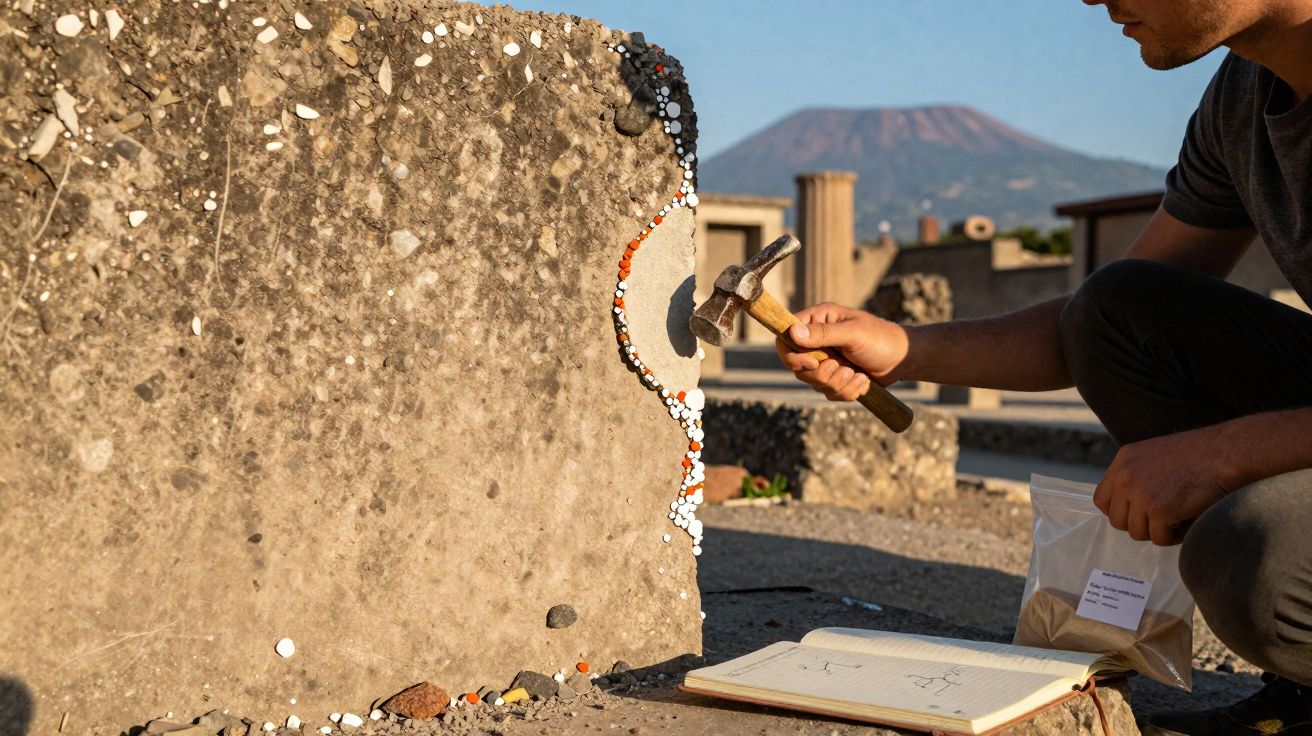 Person chiselling an ancient stone wall with color-coded dots and a sketchbook nearby, Mount Vesuvius in the background.