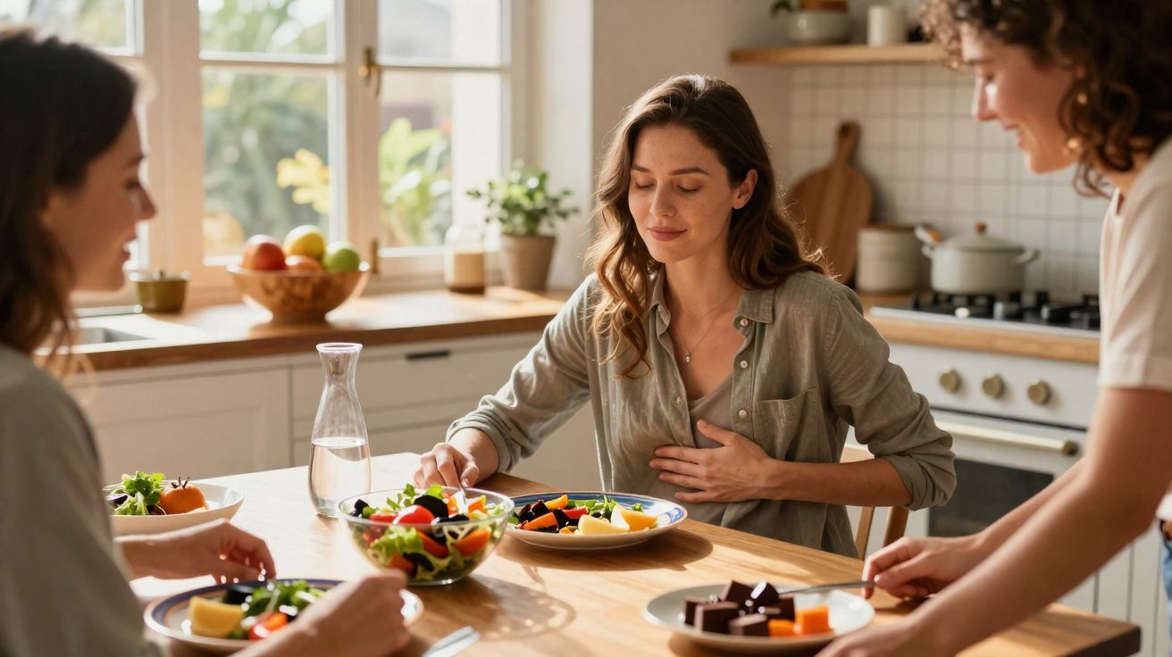 Three women sitting at a kitchen table, one appearing to have stomach discomfort while preparing to eat a meal.