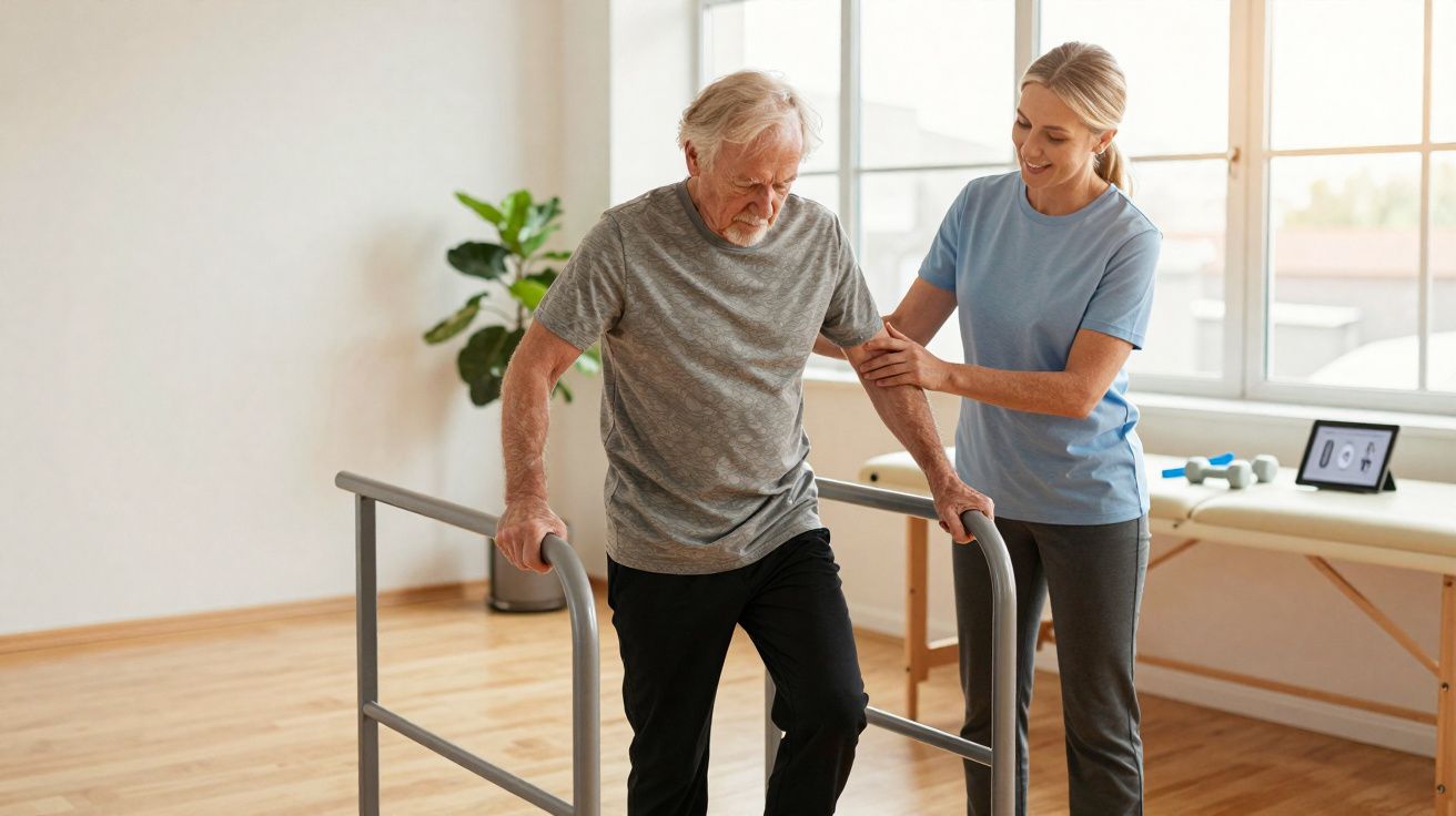 Older man practising walking with parallel bars assisted by a female physiotherapist in a bright rehabilitation room.