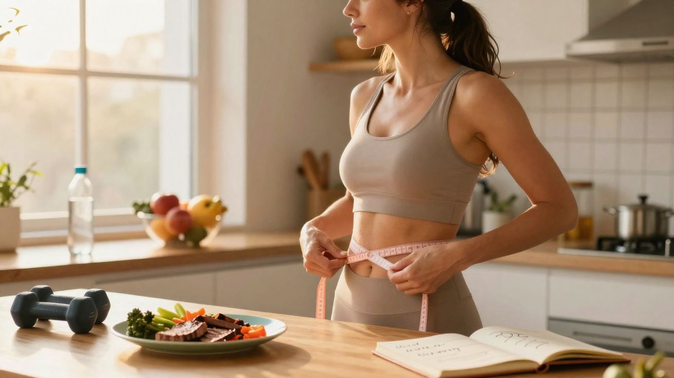 Woman in sportswear measuring waist with tape measure in a kitchen with healthy food and dumbbells nearby.