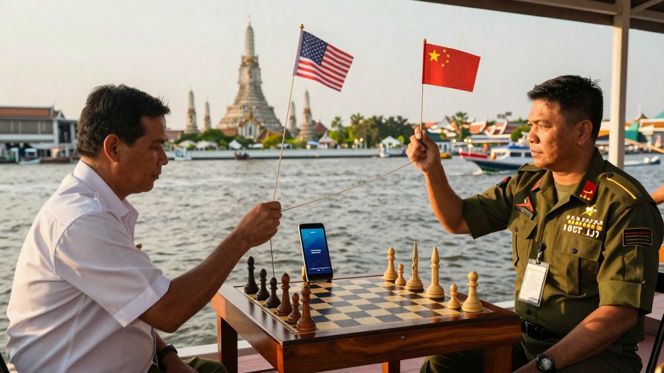 Two men holding US and Chinese flags while playing chess on a boat with a temple in the background.