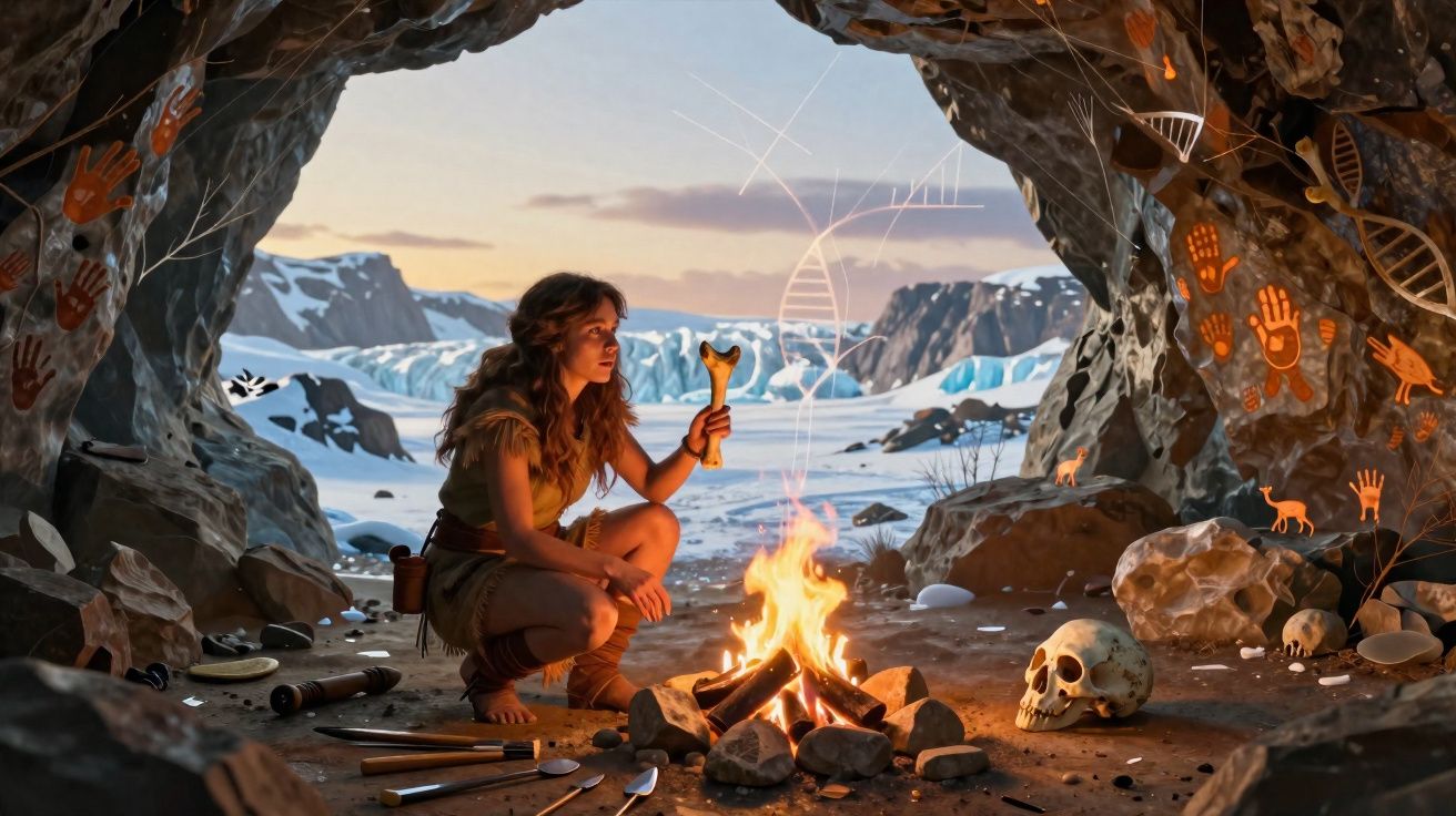 Woman in prehistoric attire holding bone by campfire inside cave with ancient handprints and skulls, snowy mountains outside.