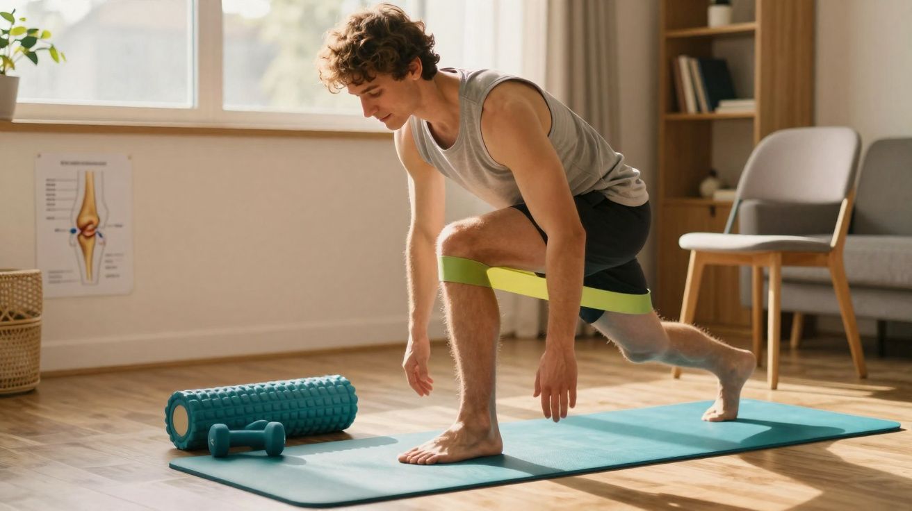 Young man exercising with resistance band on yoga mat in bright room with foam roller and dumbbell nearby