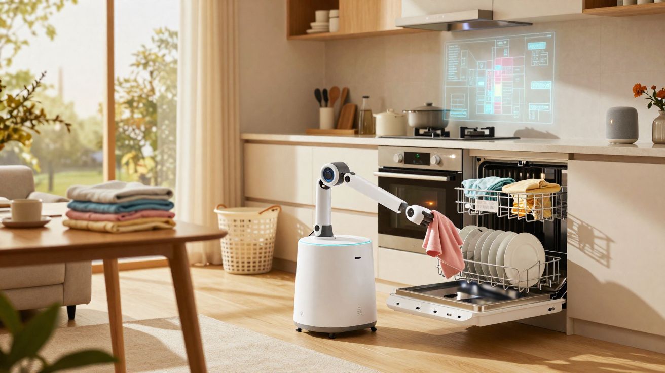 Robot arm unloading clean dishes from an open dishwasher in a bright modern kitchen.