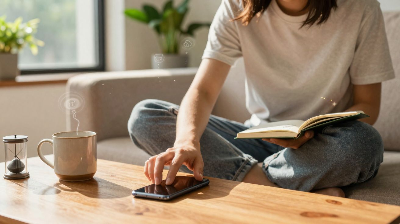 Person sitting cross-legged on sofa using smartphone and holding open book beside a steaming mug on a wooden table