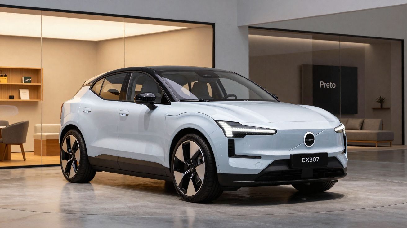 White modern electric SUV parked indoors in a minimalist showroom with glass walls and wooden furniture.