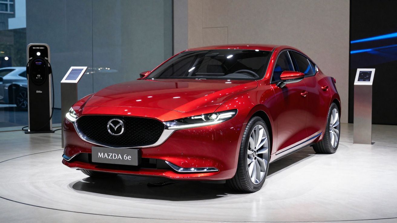 Red Mazda 6e sedan displayed indoors on a circular platform with informational stands in the background.