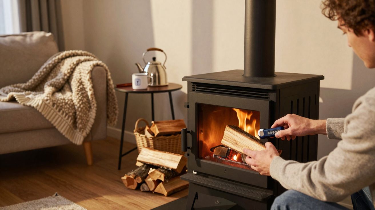 Person placing firelighter on log inside lit wood-burning stove in cosy living room with firewood and blanket.